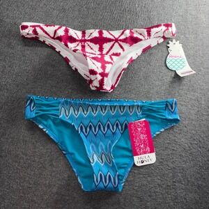 Lot of 2 Raisins Hula Honey Bikini Bottoms Medium Blue Chevron Burgundy Tie Dye